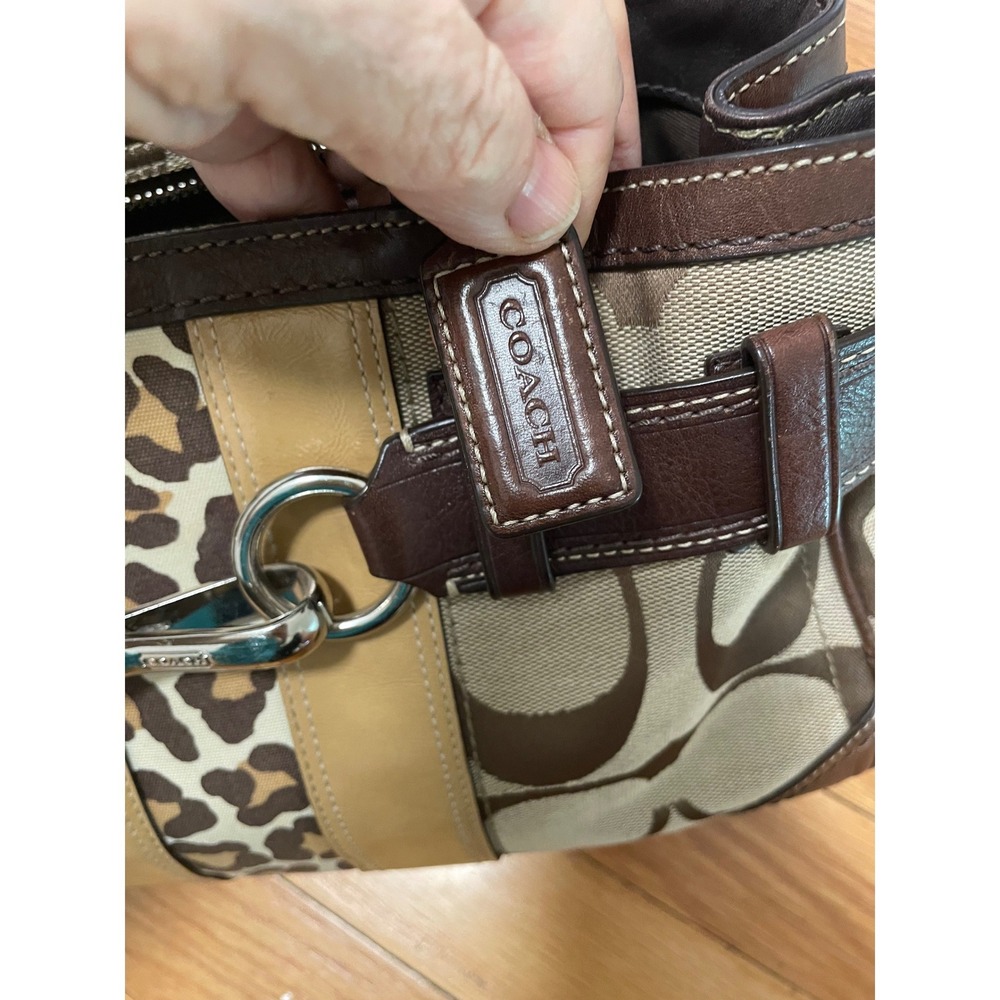 Coach Hampton Satchel Signature Canvas Brown Leopard  F13073 Leather Trim - Picture 6 of 9